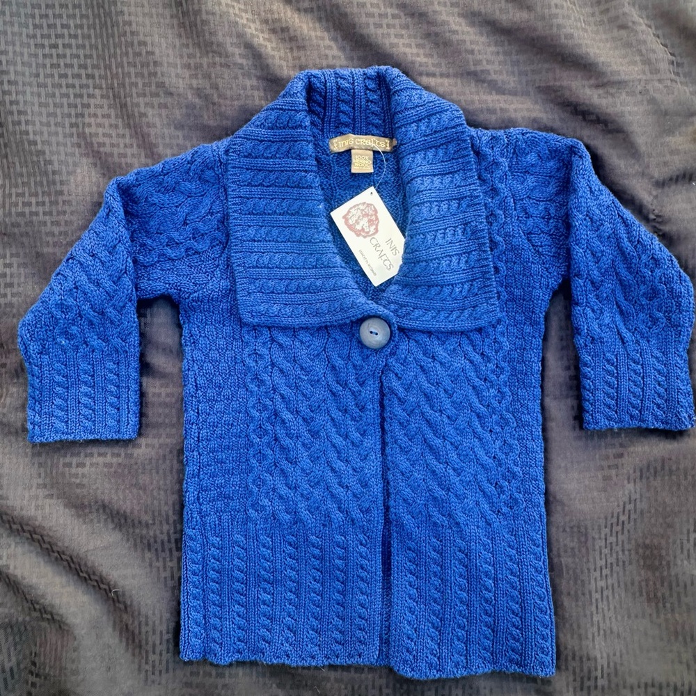 Inis Crafts Ireland Womens Royal Blue 100% Merino Wool Button Fisherman Cardigan